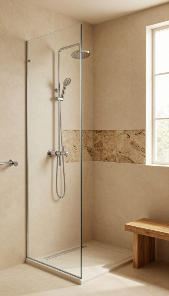 Rustic shower with mixed tile textures, smooth beige ceramic walls and a rough stone accent, plus a wood-look tiled niche, lit by bright natural light.