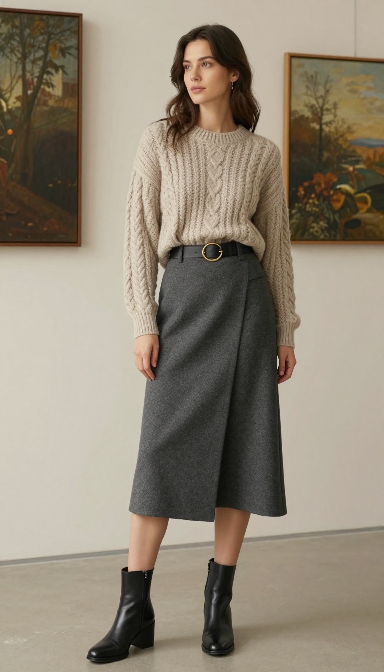 11. Asymmetrical Hem Skirt with a Metal Ring Belt and Chunky Sweater