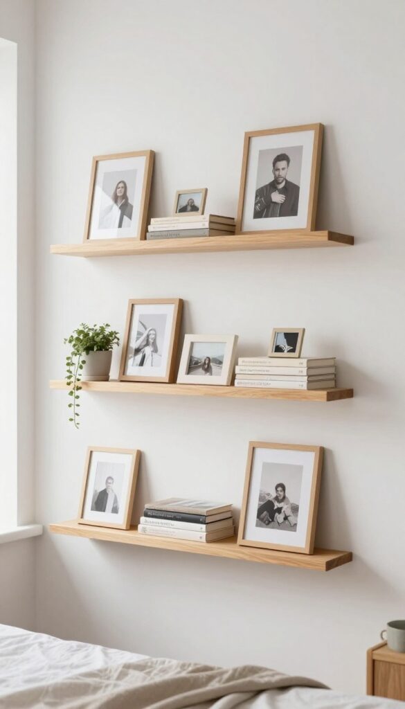 Bright bedroom wall with three narrow wooden picture ledge shelves holding leaning framed photos, books, and a small trailing plant in soft natural light.