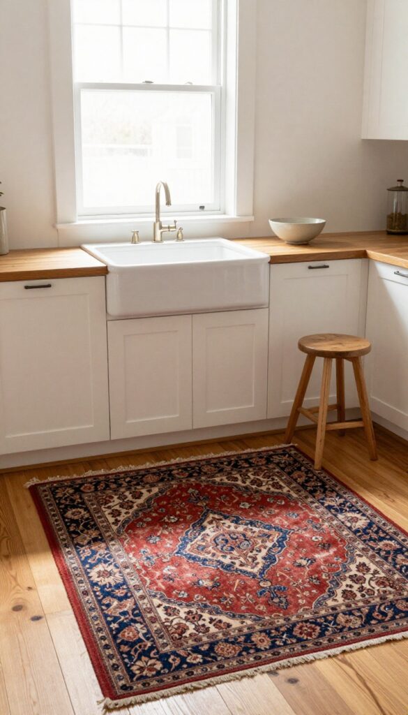 Vintage Persian-style rug adding warmth and pattern to a bright kitchen with a farmhouse sink and hardwood floors.