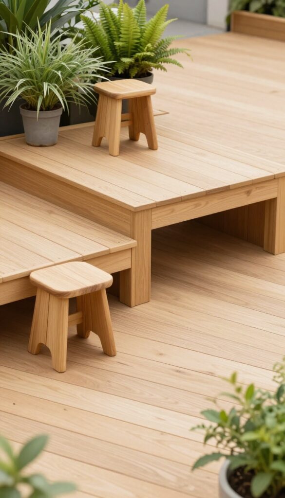 Compact wooden deck with a low raised platform holding potted plants and a stool, showing subtle multi-level outdoor styling in bright natural light