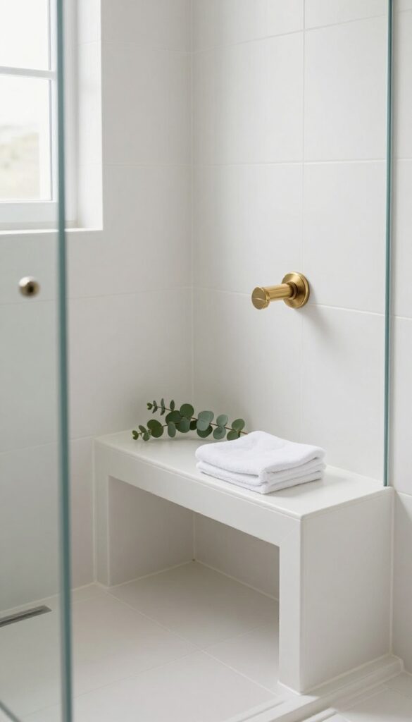 Small corner shower with a floating tiled bench seat and frameless glass in a bright modern bathroom