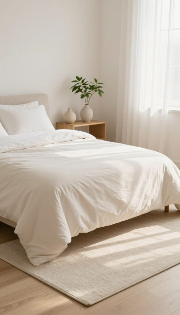 A bright, calm bedroom with a large soft neutral area rug extending under and around a neatly made bed on light wood floors, bathed in natural morning light.