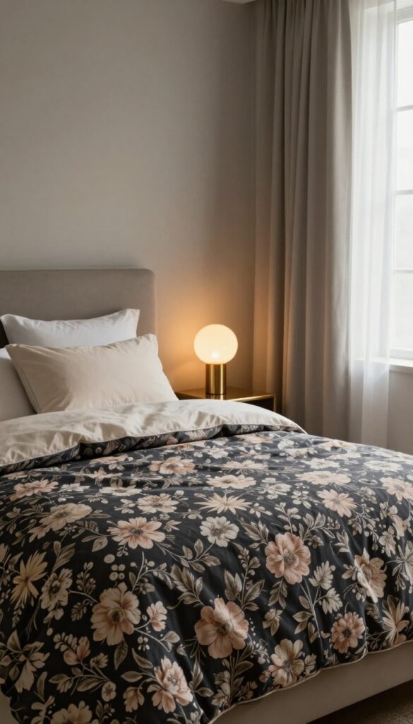Moody elegant bedroom with a dark navy floral comforter, lighter cream pillows, warm lamp light, neutral walls, and subtle brass accents.