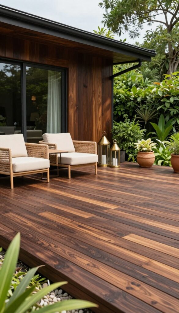 Deep walnut brown stained wooden deck with light cushioned outdoor dining furniture, brass accents, and vibrant green plants in bright natural sunlight