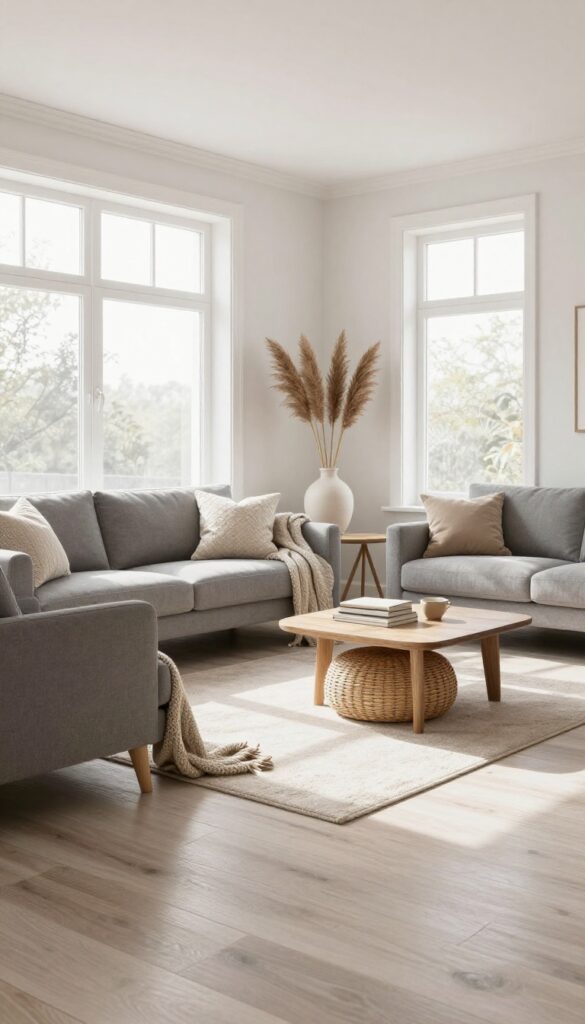 Cozy grey floor living room with layered furniture placement, including a floating sofa, angled armchair, ottoman, bench, and side tables at different heights in bright natural light