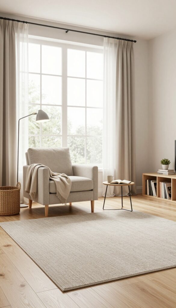 Bright small living room with a single armchair, floor lamp, side table, and woven storage basket arranged for everyday relaxing, with no coffee table or TV stand