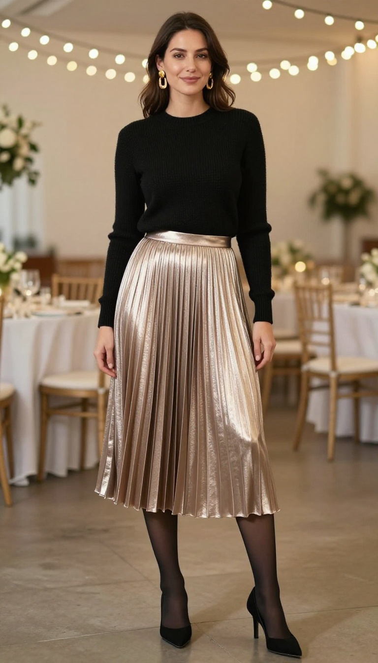 13. Metallic Skirt with a Black Sweater and Statement Earrings