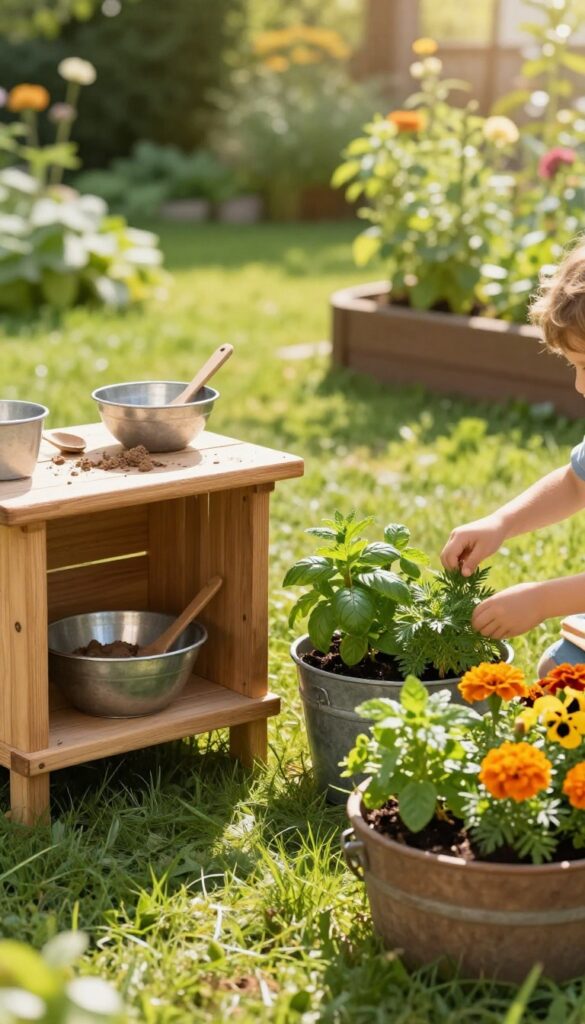 A bright backyard mud kitchen with bowls and wooden spoons beside a small herb and flower garden, with a child's hands picking fresh ingredients for pretend outdoor cooking.