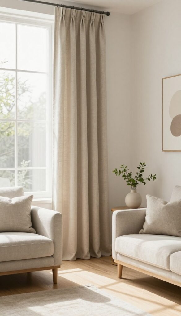 Bright modern living room with soft neutral Roman blinds stacked in even folds above a large window, styled with a cozy sofa and natural light