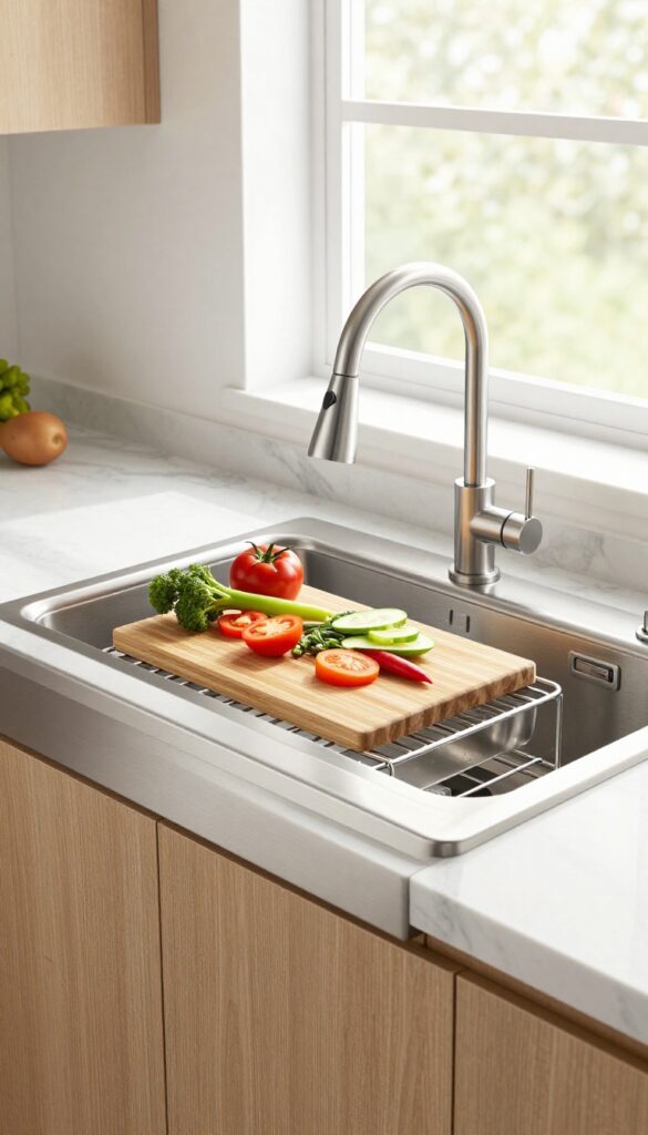 Modern stainless steel workstation sink with a bamboo cutting board, colander, and roll-up drying rack in a bright contemporary kitchen.