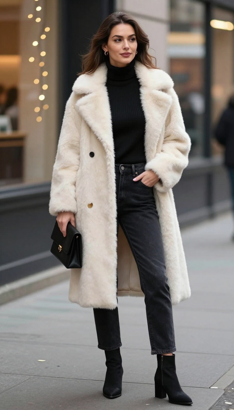 2. Faux Fur Coat & Straight-Leg Jeans
