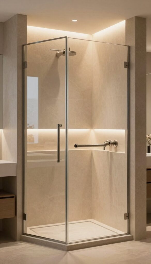 Modern walk-in shower with soft warm LED strip lighting glowing in a wall niche and under a floating bench, highlighting neutral stone tile and glass panel.