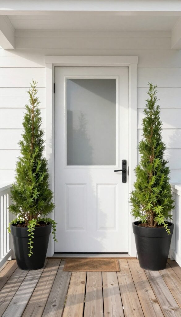 Two oversized black planters with tall greenery and trailing vines flanking a white farmhouse front door on a bright porch