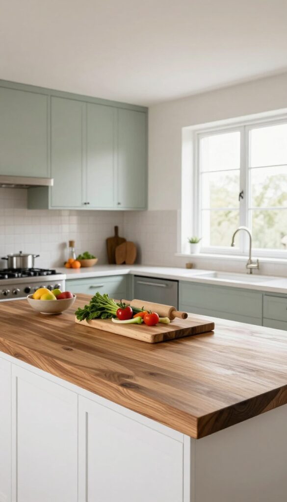 Bright modern kitchen with a large island featuring a warm hardwood butcher block countertop, white and sage cabinets, and fresh prep items in natural daylight