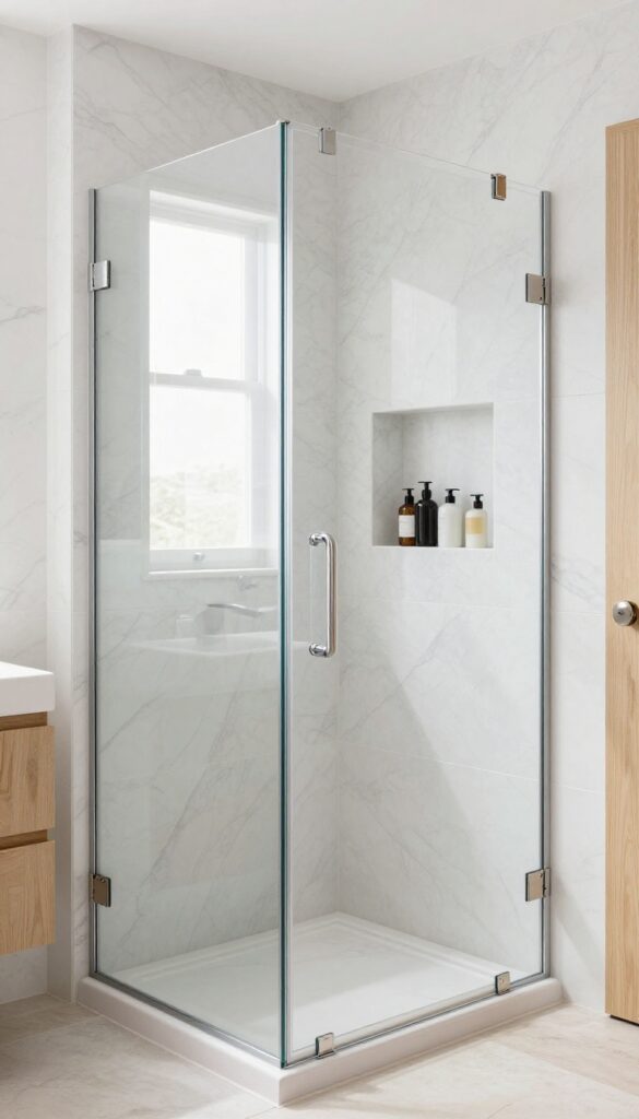 Bright modern bathroom with a frameless glass shower cubicle, clear hinged door, marble-look tile, and a recessed niche, photographed in natural light