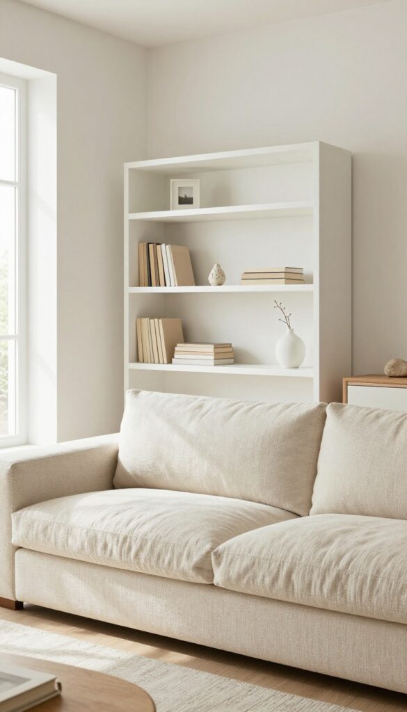 Bright living room bookcase styled with a few personal items like a small framed photo and a ceramic souvenir mixed with neutral decor on white oak shelves.