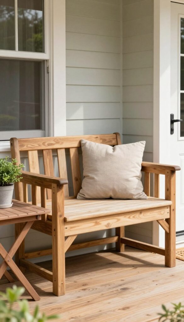 Cozy built-in wooden bench seating nook with cushions and a potted plant on a bright front deck beside the entryway