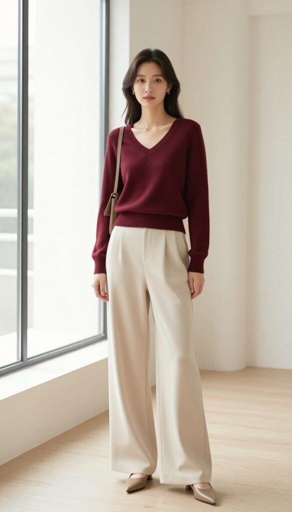 Woman in burgundy V-neck sweater and cream wide-leg trousers, standing in a bright room, wearing mules and carrying a crossbody bag.