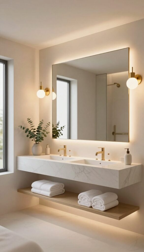 Spa-like bathroom with layered lighting, brass wall sconces flanking a mirror, warm dimmed glow, and soft LED strip under a marble vanity.
