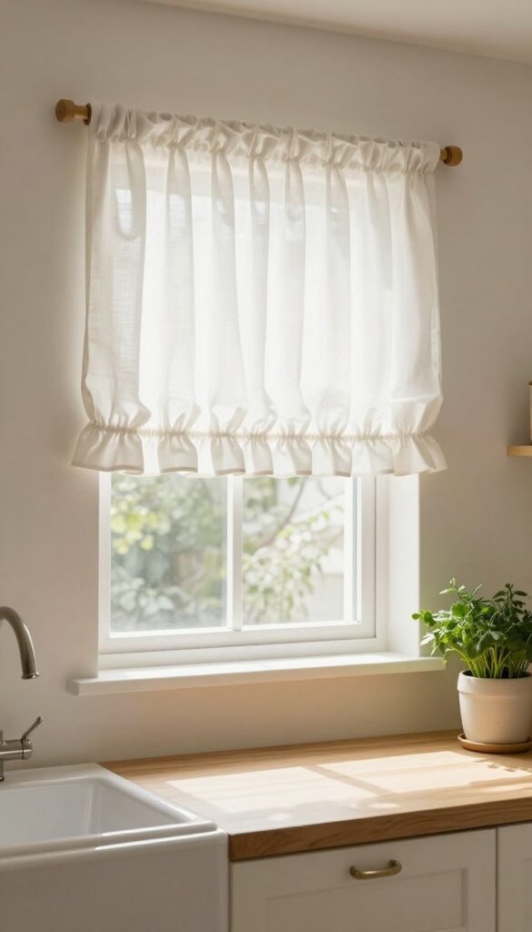 Bright cottage kitchen window with a simple soft white ruffled valance above a farmhouse sink, natural light streaming in, cozy and inviting