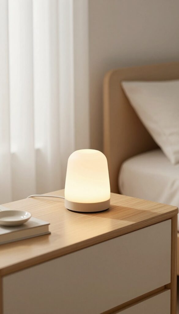 Minimalist bedroom nightstand with a lamp, single book, and small ceramic dish on a tray in bright natural light