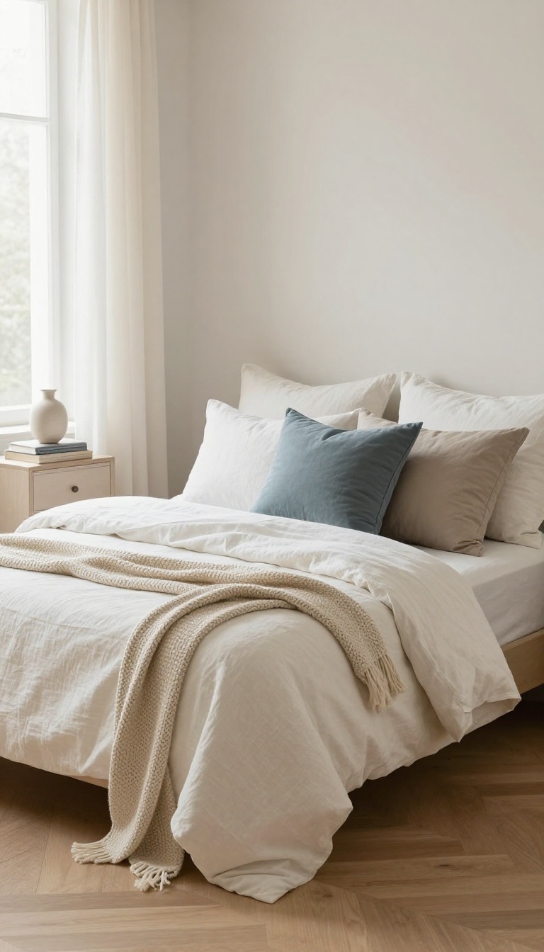 Cozy small bedroom with a warm white linen duvet and matching shams in one cohesive neutral palette, layered with a knit throw and a dusty blue lumbar pillow