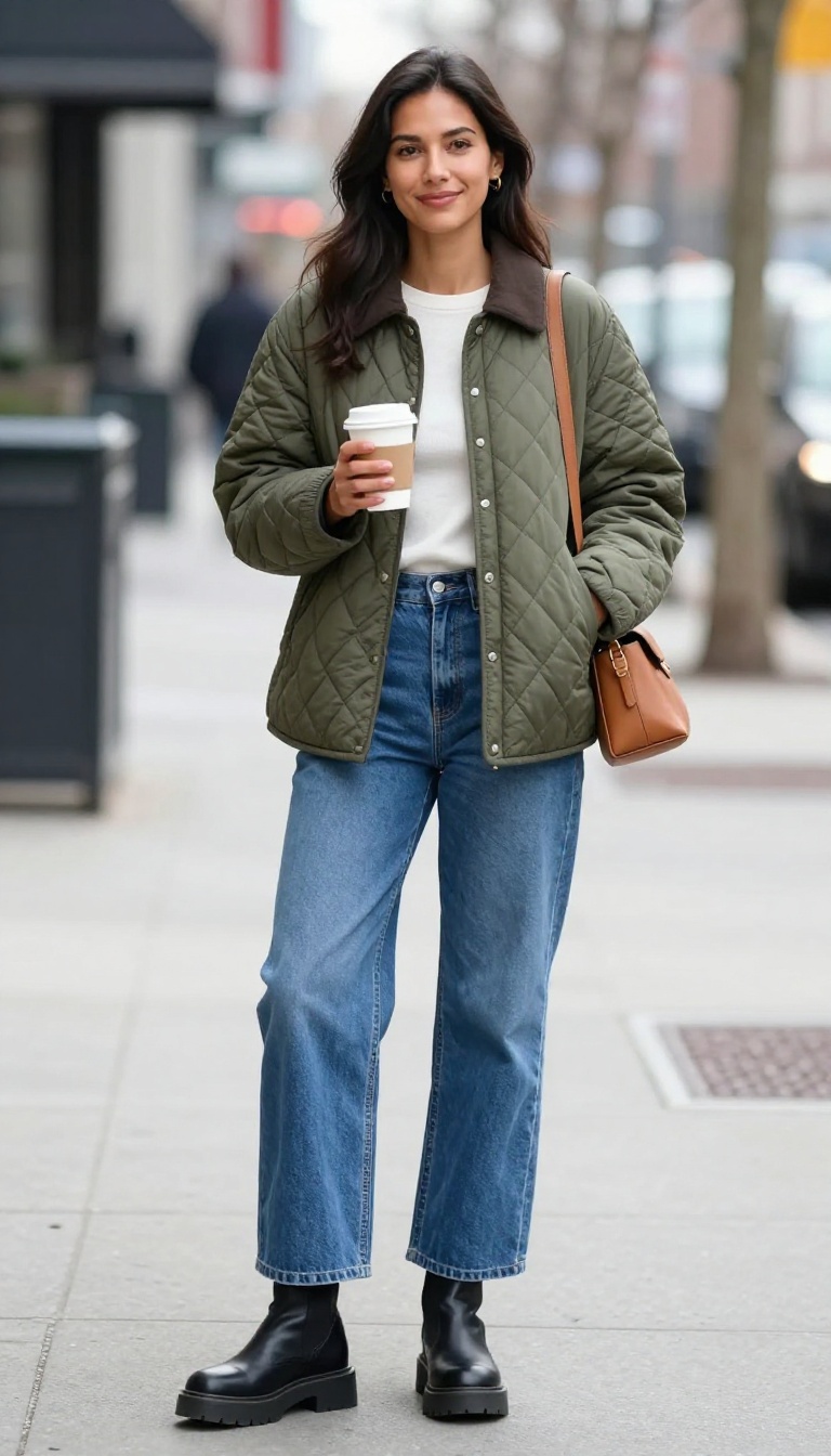 7. Quilted Jacket with Wide-Leg Jeans and a Crossbody Bag