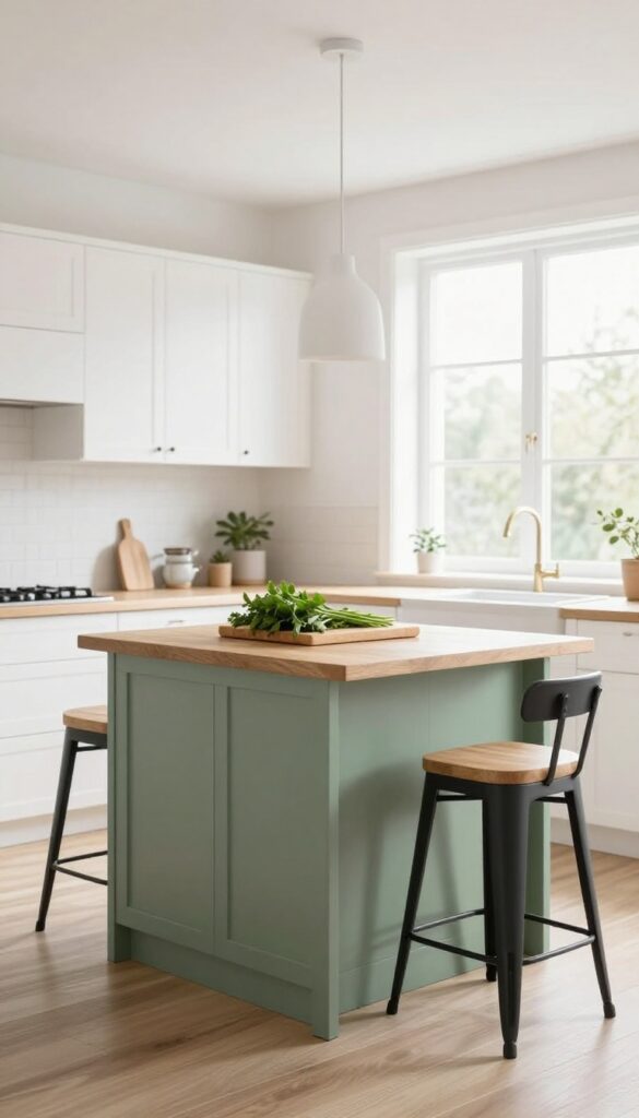 Sage green kitchen island with light wood stools in a bright modern kitchen with white cabinets and natural light