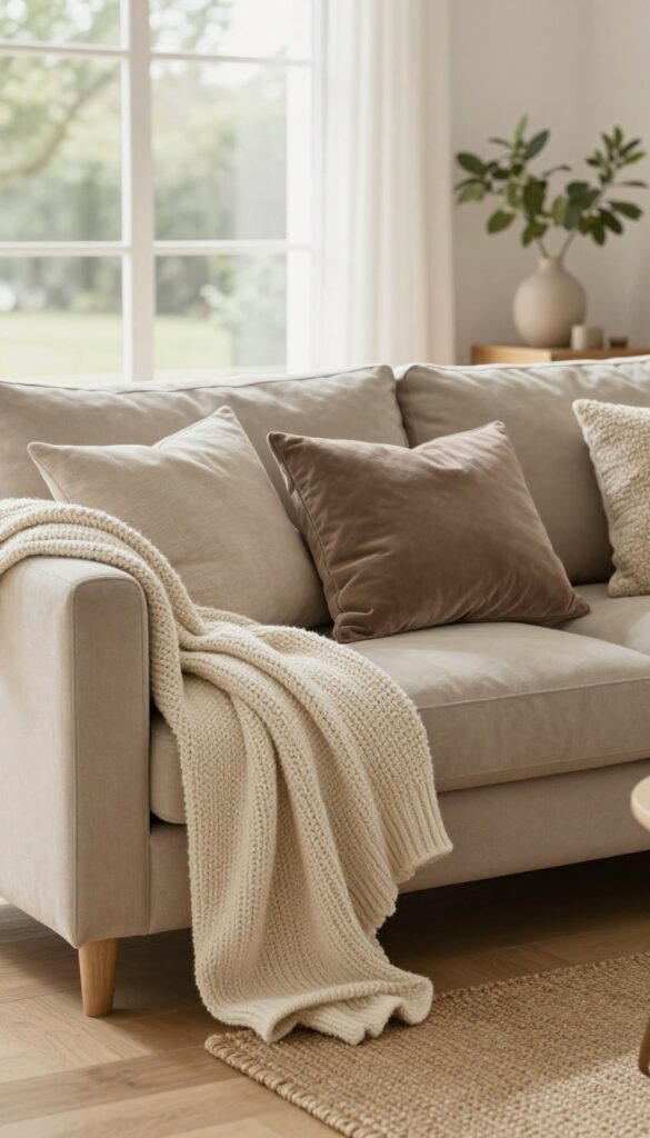 Elegant taupe sofa styled with layered textured pillows and a chunky knit throw in a bright neutral living room