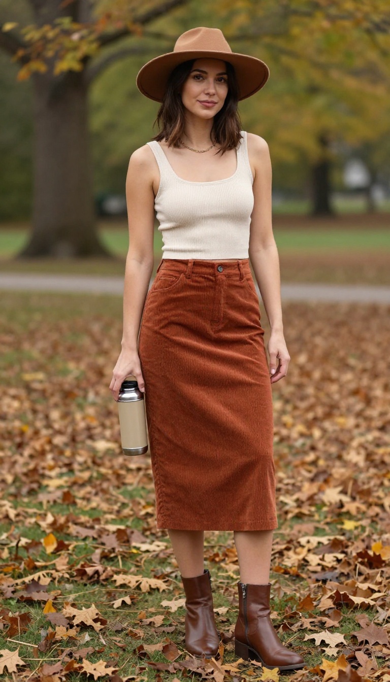 6. Knit Corset + Corduroy Skirt + Ankle Boots