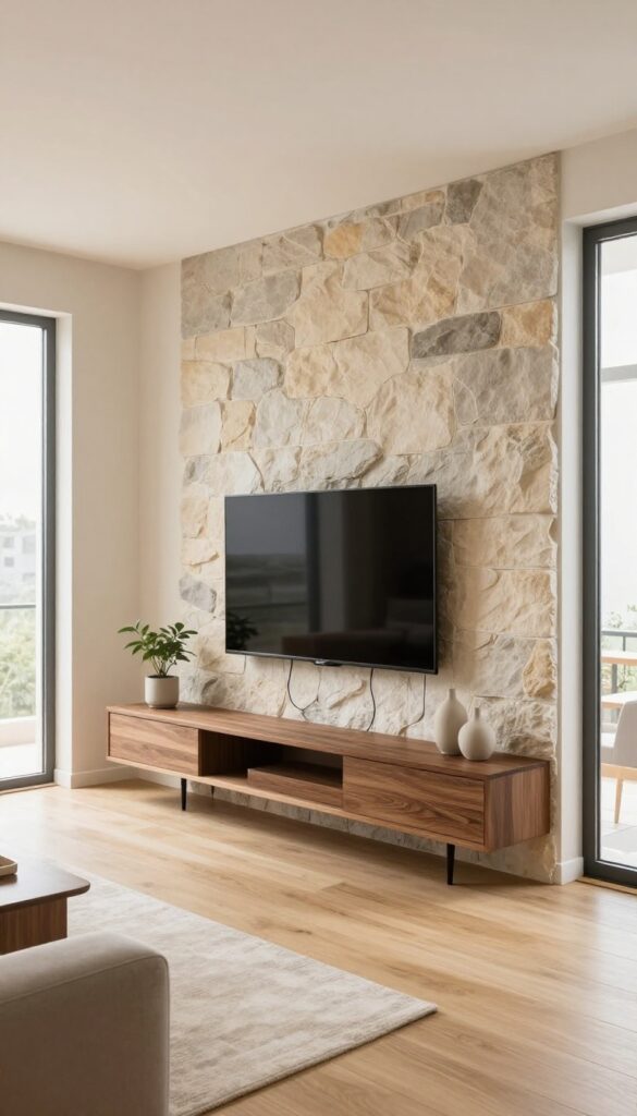 Modern living room with a stone half-wall behind a wall-mounted TV and a slim floating wood media console, styled with a small plant and vases under bright natural light.