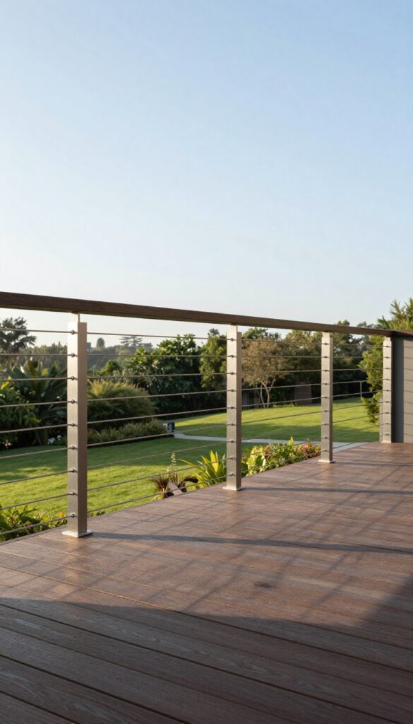 Modern deck with sleek horizontal stainless steel cable railings and dark wood posts overlooking a green backyard