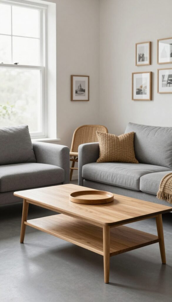 Cozy living room with grey floors balanced by a warm oak coffee table, wooden sofa legs, rattan accents, and bright natural light