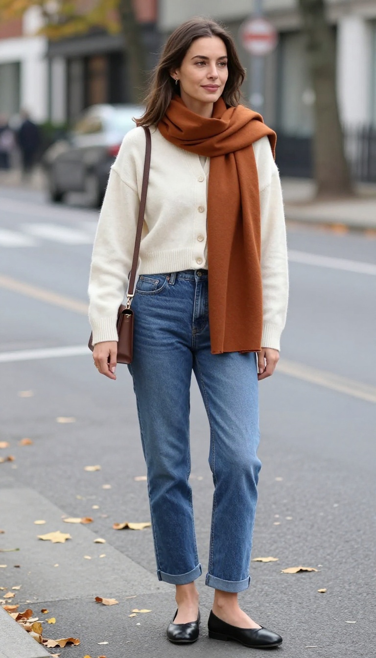 4. Mom Jeans with a Cropped Cardigan and Ballet Flats