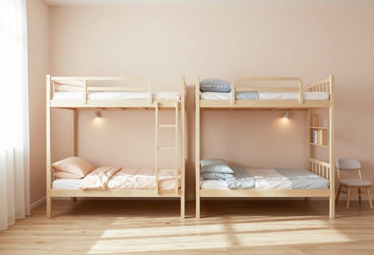 Bright small shared bedroom with a slim light-colored bunk bed, coordinated bedding, individual reading lights, a narrow bookshelf, and a cozy reading chair in a sunlit corner