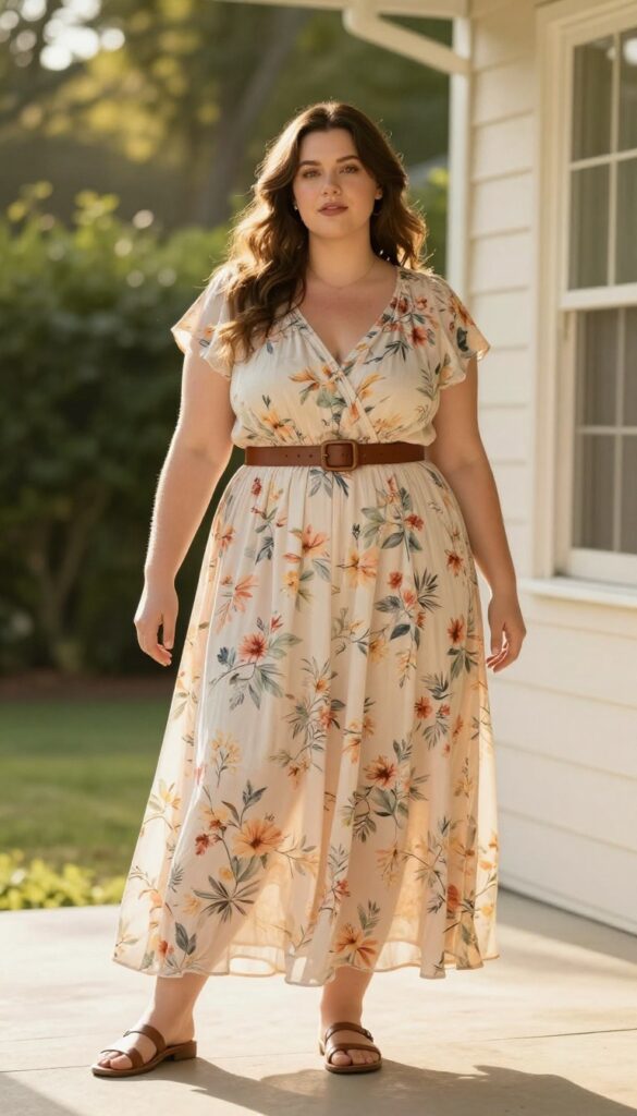 Plus-size woman wearing a flowy floral maxi dress with a medium-width brown leather belt above her natural waist and matching flat sandals, standing outdoors in bright natural light.