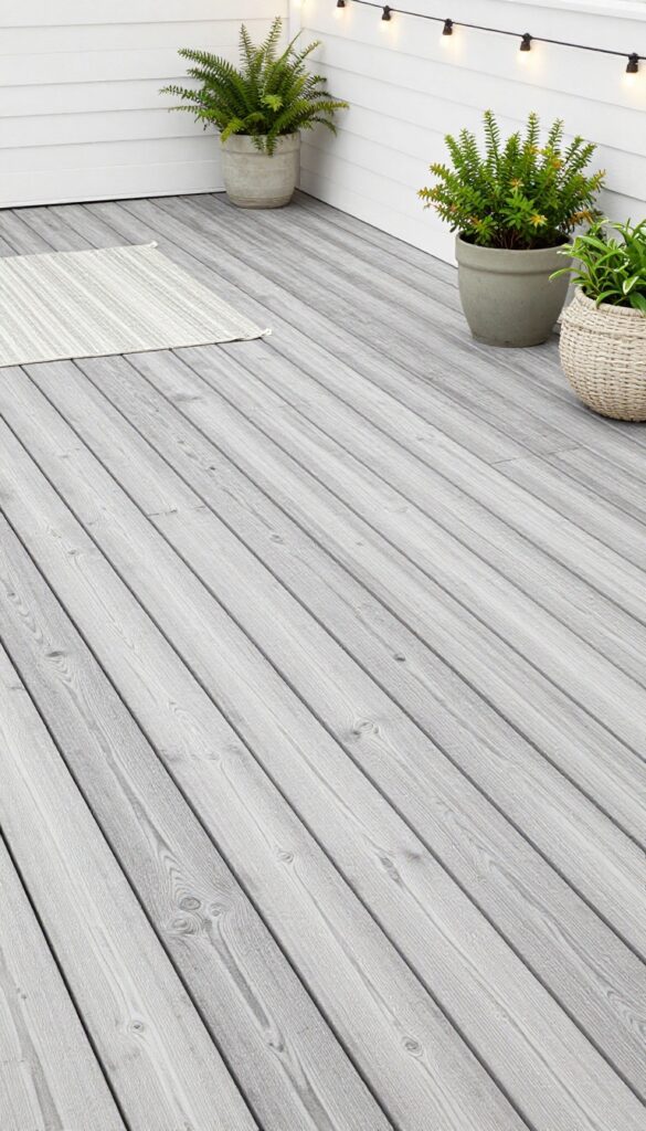 Weathered gray stained wooden deck with potted plants, a textured rug, and warm string lights in bright natural light