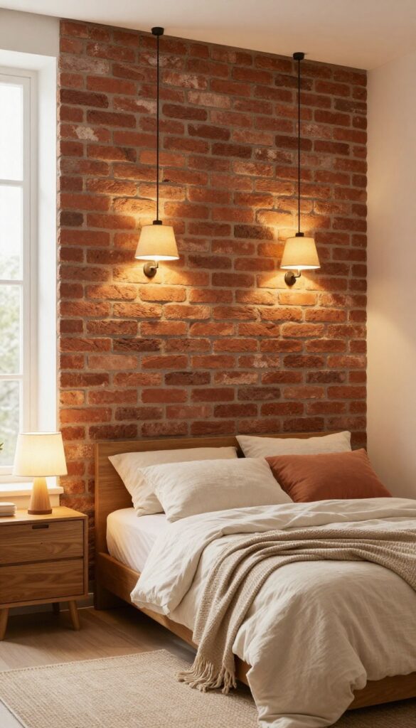 Cozy bedroom with an exposed brick wall softly lit by warm amber sconces and a pendant light, styled with neutral bedding and wood accents.
