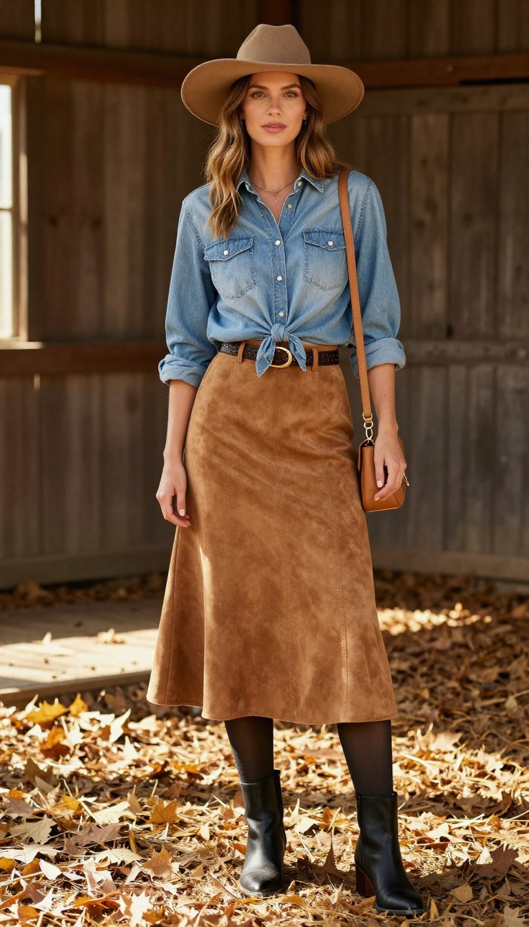 2. Suede Skirt and Denim Shirt