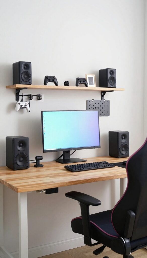 A tidy teenage boy's bedroom gaming zone with a wooden desk, cable management, wall-mounted controller hooks, a pegboard, a supportive gaming chair, and a soft LED backlight behind the monitor.