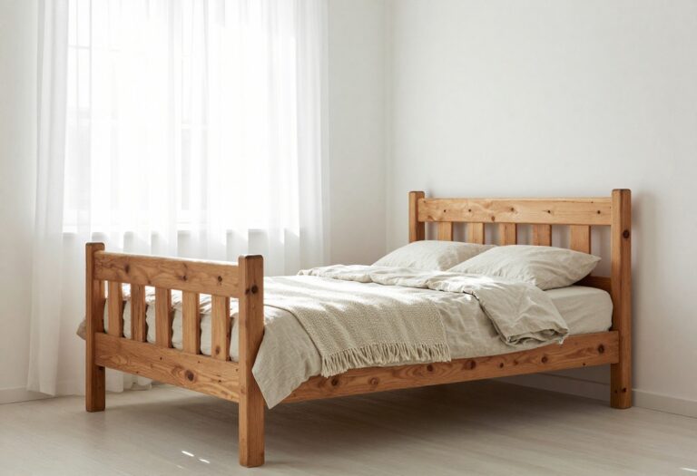 Cozy bedroom with a rustic solid wood bed frame, neutral linen bedding, and a woven throw blanket in warm natural light
