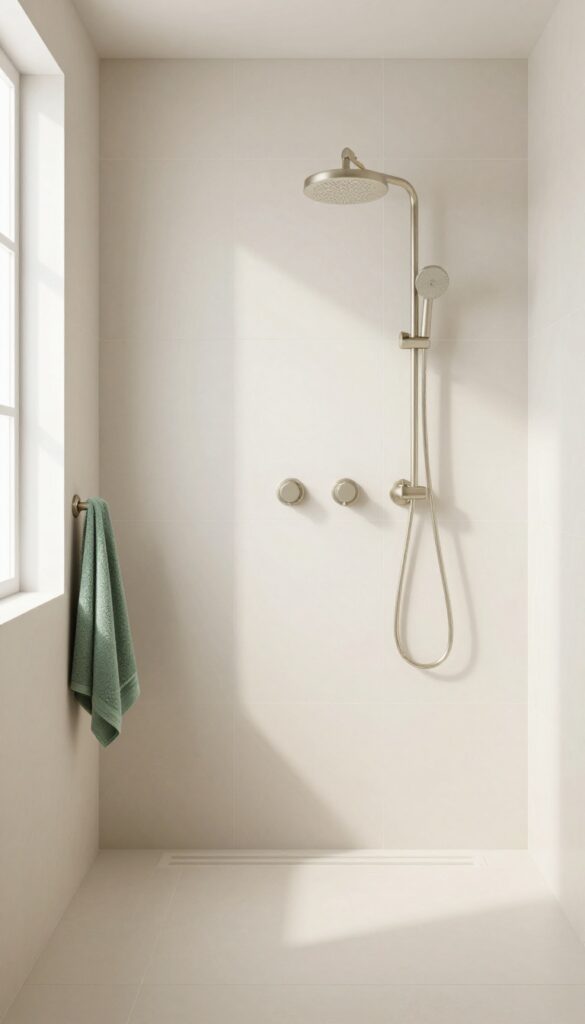 Bright modern stand-up shower with a cohesive soft white, beige, and sage green color palette, uniform matte tiles, brushed nickel fixtures, and neatly arranged matching accessories in natural daylight.