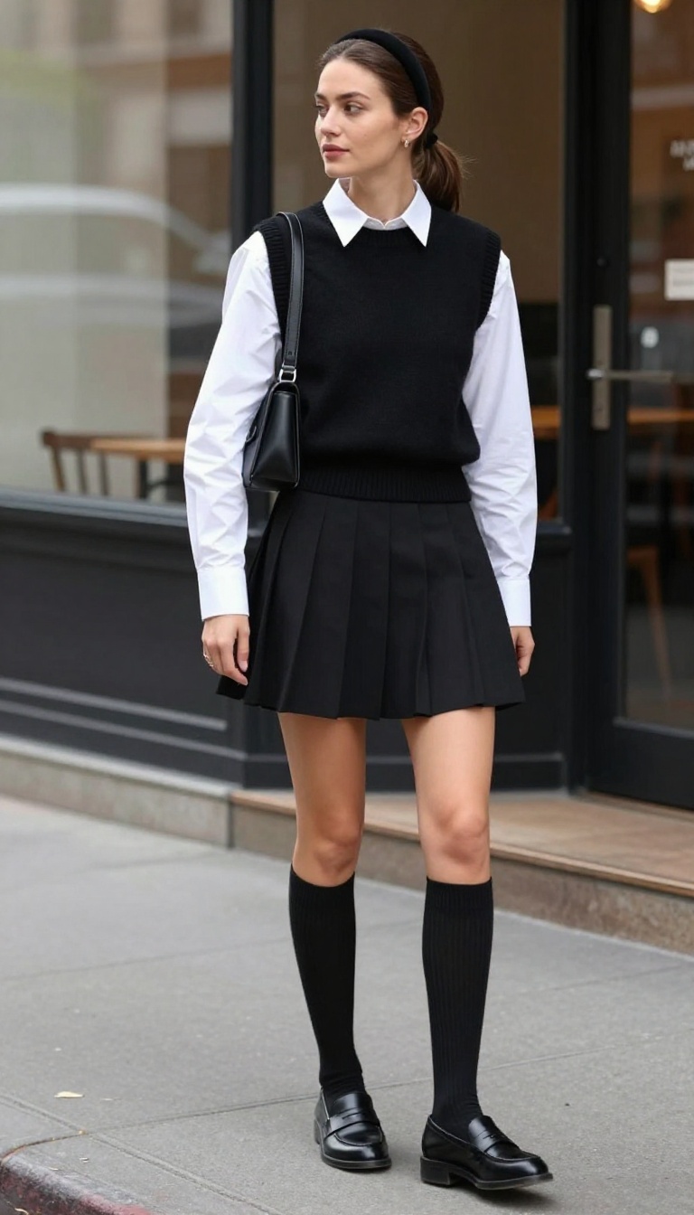 11. Black Sweater Vest and Pleated Tennis Skirt