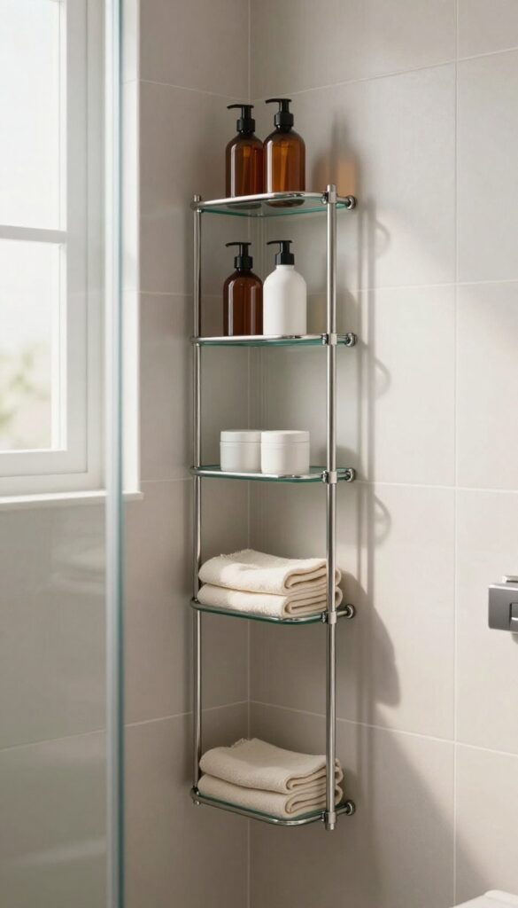 Bright modern shower corner with a stainless steel tension pole organizer holding neatly spaced shelves of plain toiletries