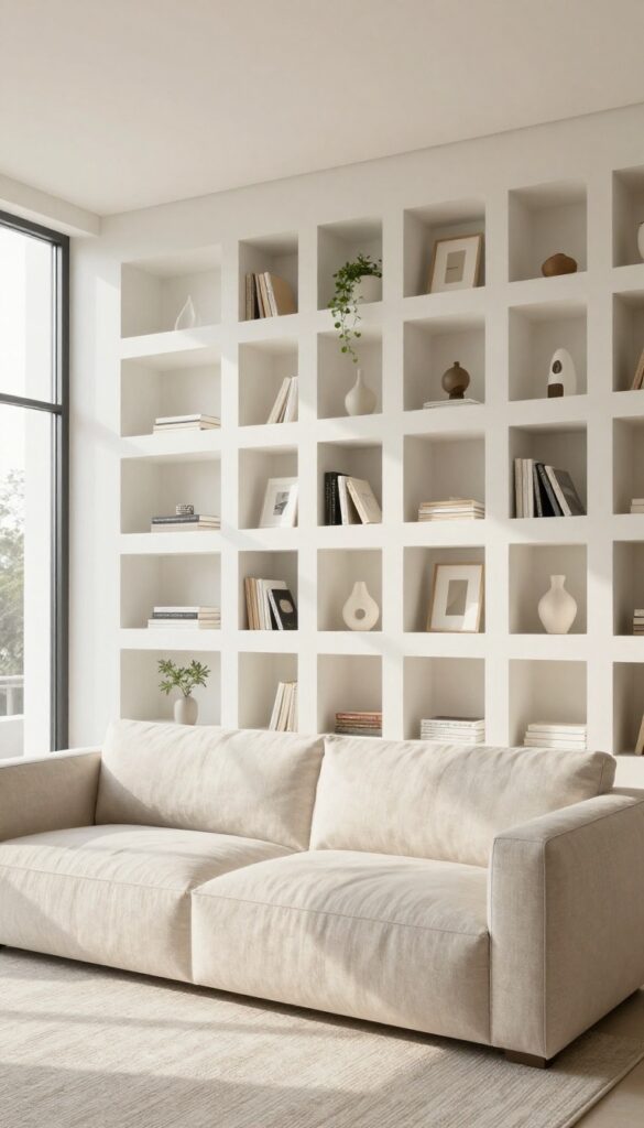 Modern living room with a full wall of evenly spaced recessed niche shelves painted the same warm white as the wall, styled with books, plants, and small sculptures in bright natural light.