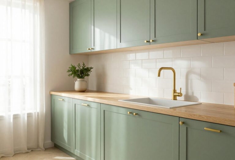 Bright kitchen with sage green cabinets, brass hardware, and natural light