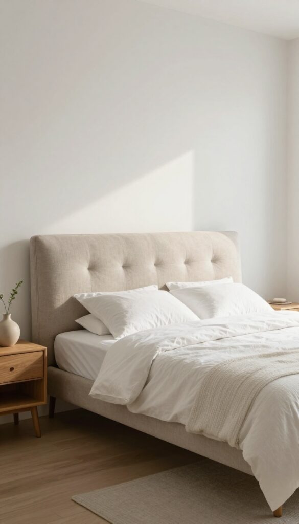 Cozy modern single bed bedroom with an oversized tall upholstered headboard in neutral linen, bright natural light, minimal decor, and boutique-hotel styling.