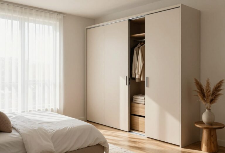 Bright modern bedroom with a floor-to-ceiling sliding wardrobe in matte beige, low platform bed, and soft natural light showing a clean, space-saving layout
