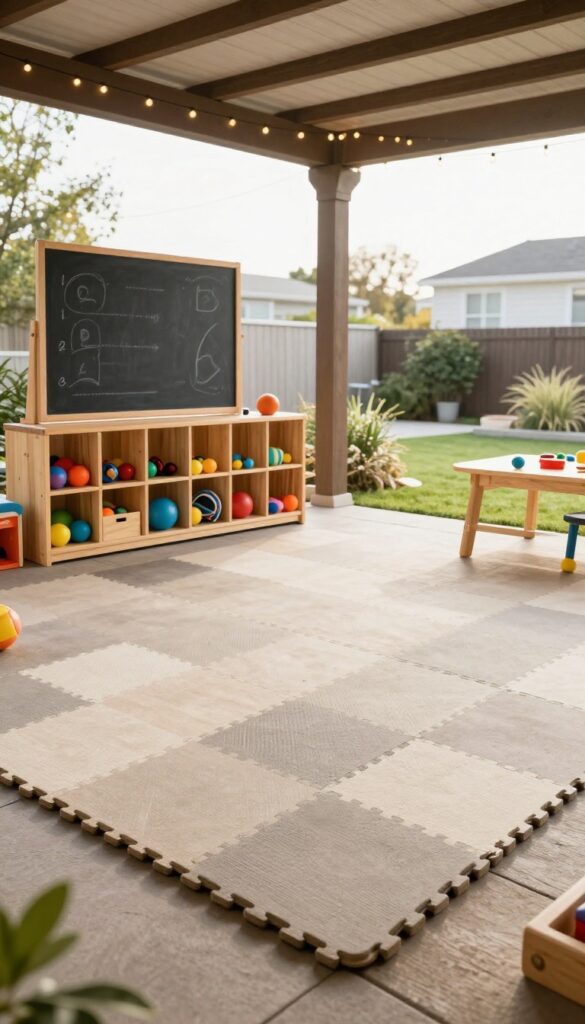 Shaded under-deck patio set up as a kids' play zone with foam mats, toy storage bins, a chalkboard panel, and soft string lights, photographed in bright natural daylight